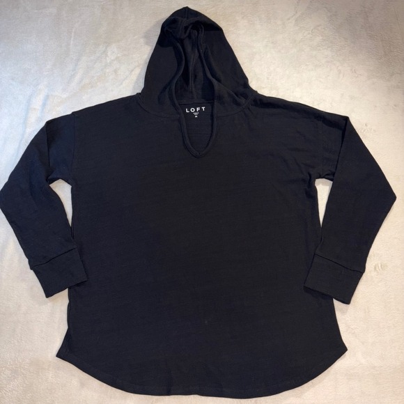 LOFT Tops - LOFT NWT Womens Black Slub Knit Notched V-Neck Hoodie Sweatshirt Medium